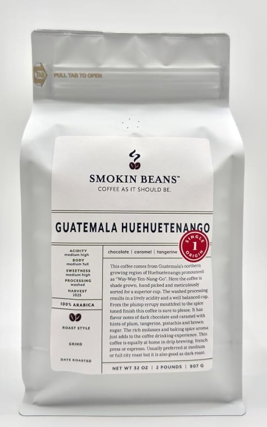 Smokin Beans 2-Pound Guatemala Huehuetenango Freshly Roasted Coffee Washed Processing Full City Roast Premium Whole Bean Specialty Coffee
