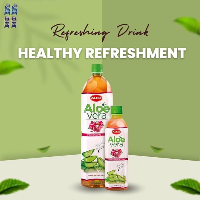 ALEO 0.5L Premium Pomegranate Aloe Vera Drink - Natural No Preservatives No Artificial Colors Superior Taste Award 2025 (24 PCS Pomegranate-0.5L)