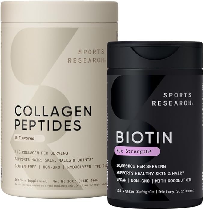 Sports Research Collagen Peptides for Women &amp Men Hydrolyzed Type 1 &amp 3 Protein Supplement Easy Mixing Vital Nutrients Proteins and Vegan Biotin 10000mcg Max Strength B7 120 Softgels (4 Month