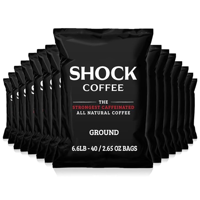 Shock Coffee Ground Stay Fresher Packs. The Strongest Caffeinated All Natural Coffee Up to 50% more Caffeine than Regular Coffee 6.6 pounds (40-2.65oz bags)