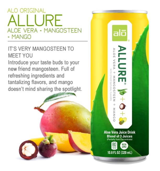 ALO Drink |ALO Allure Aloe Vera Juice Drink | Mango &amp Mangosteen Flavor | 12 Pack | 10.8 FL OZ (320mL) Cans