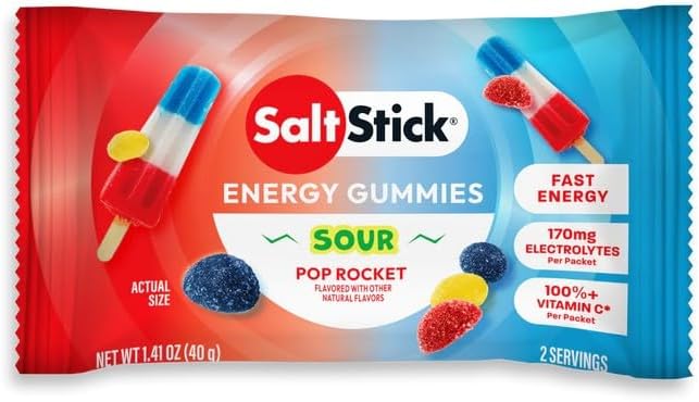 SaltStick Energy Gummies with Electrolytes Sour Pop Rocket Easy to Chew Electrolyte Gummy Energy Chews That Taste Great. 10 Packs 80 Gummies
