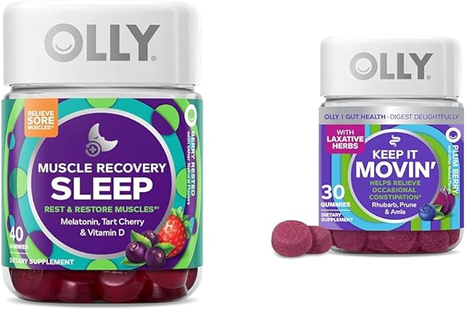 OLLY Muscle Recovery Sleep Gummies with Melatonin Tart Cherry &amp Vitamin D Constipation Relief Gummies with Rhubarb Prunes &amp Amla - 40 &amp 30 Count