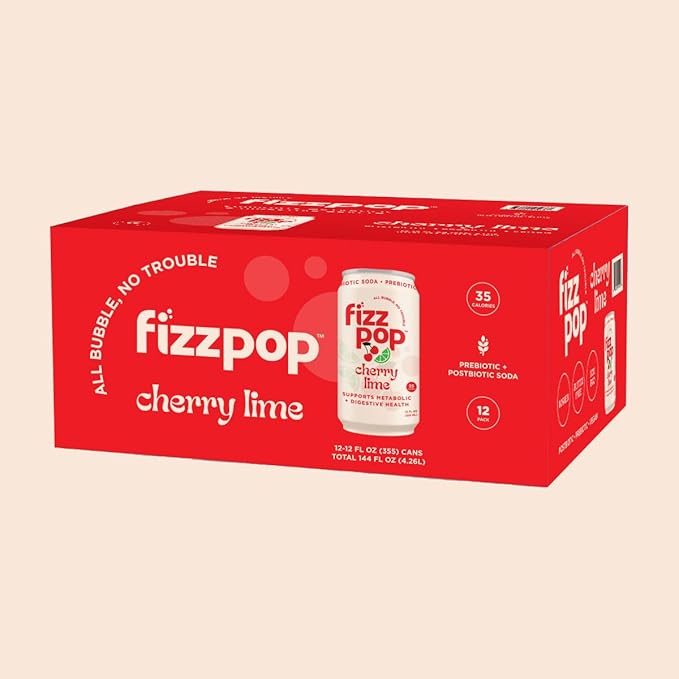 Fizz Pop Metabolic Sparkling Postbiotic and Prebiotic Soda Pop Gut Health Seltzer Water Fiber Drink Metabolism Booster Cherry Lime Flavor 12 oz Cans (Pack of 12)