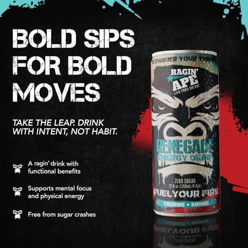 Ragin' Ape Renegade Energy Drink Multipack Vegan Friendly 12 oz Cans with Taurine Kanna and Caffeine Low Calorie Carbonated Beverage For Bold Clean Energy Fuel 24 Pack