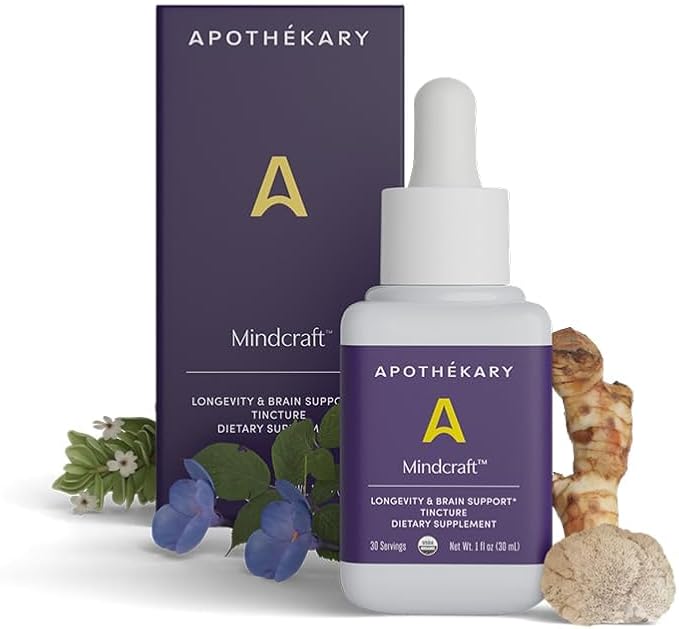 Apothékary Mindcraft Supports Focus Cognition Longevity and Anti-Aging Fast-Acting Herbal Liquid Drops with Lion’s Mane and Cordyceps Certified Organic Made in USA 1 fl oz 30 Servings