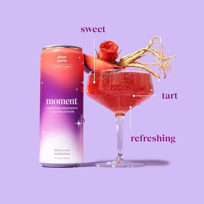 Moment Mocktails Non Alcoholic Drinks (Shark Tank) | SPARKLING Plum Spritz Adaptogen Drink | L-Theanine &amp Ashwagandha for Calm &amp Clarity | 0 Added Sugar 0 Caffeine | 24-pack
