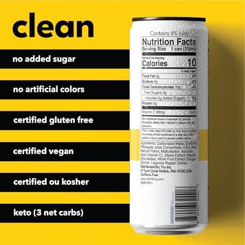 Tru Defense Seltzer Sparkling Water with Vitamin C Ginger Extract Cayenne Pepper &amp Real Pineapple Juice Sweetened with Monk Fruit &amp Stevia Gluten Free Vegan Caffeine Free 12 FL OZ Can