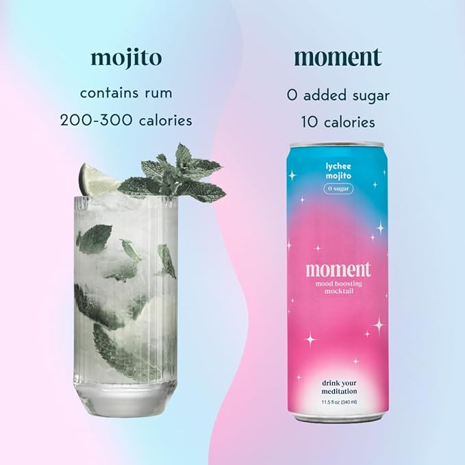 Moment Mocktails Non Alcoholic Drinks (Shark Tank) | SPARKLING Lychee Mojito Adaptogen Drink | L-Theanine &amp Ashwagandha for Calm &amp Clarity | 0 Added Sugar 0 Caffeine | 12-pack