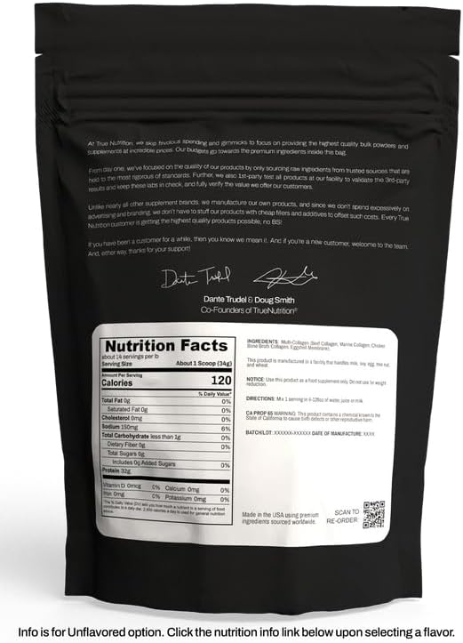 True Nutrition Multi-Collagen Powder - Types I II III V &amp X Collagen Peptides - Bovine Marine Chicken &amp Eggshell Sources - Paleo Gluten Free - Unflavored - 1lb