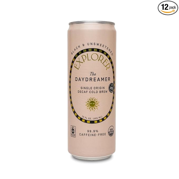 Explorer Daydreamer Ready-to-Drink Organic Cold Brew Decaf Coffee 99.9% Caffeine-Free Black Unsweetened and Fair Trade 12 fl oz (Pack of 12)