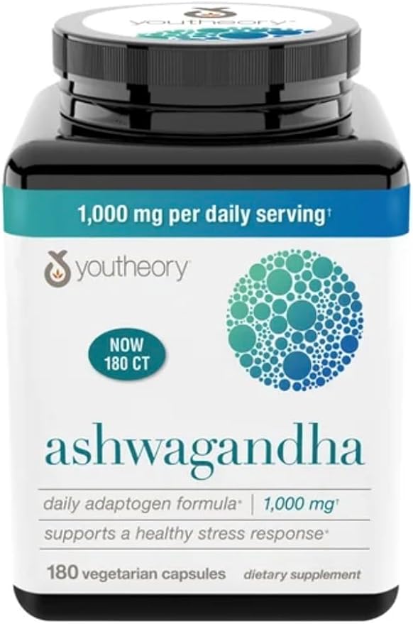 Youtheory Ashwagandha 1000mg with KSM-66 - Helps Support a Healthy Stress Response180 Capsules (Pack of 1)