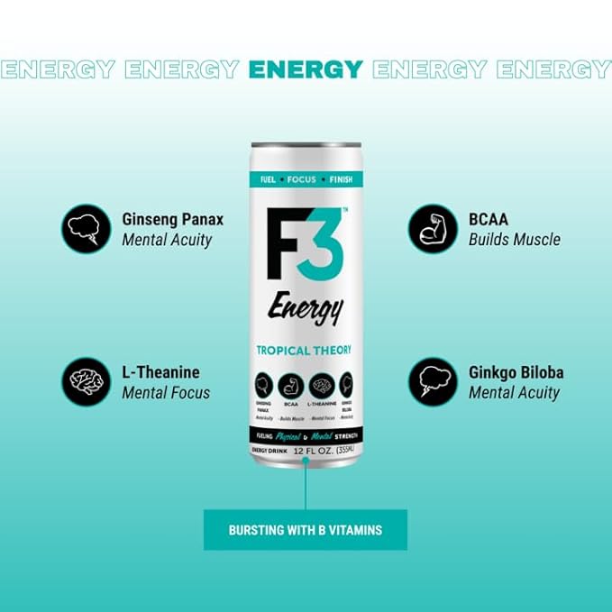 F3 Energy Tropical Theory Energy Drink - Muscle Building Sports Drinks w/BCAA Panax Ginseng &amp Ginkgo Biloba - Natural Energy Drinks for Mental Focus &amp Muscle Recovery 125 mg Caffeine (12 pac