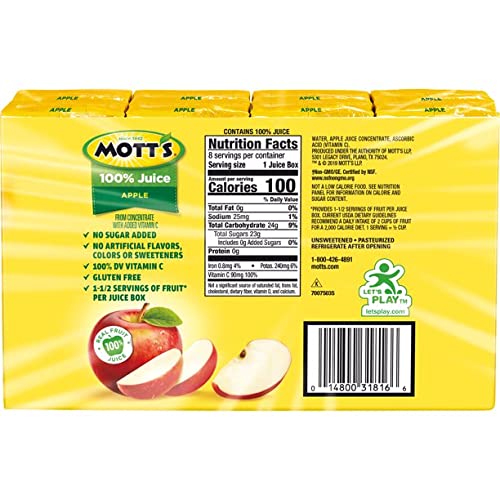 Motts 100% Apple Juice - No Sugar Added - Excellent Source of Vitamin C - 100 Calories Per Serving - Non GMO - Ready Set Gourmet Donate a Meal Program - 1 Pack (8ct 6.75oz Each)