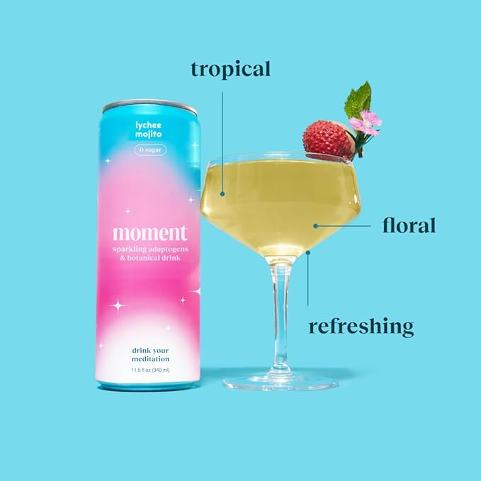 Moment Mocktails Non Alcoholic Drinks (Shark Tank) | SPARKLING Lychee Mojito Adaptogen Drink | L-Theanine &amp Ashwagandha for Calm &amp Clarity | 0 Added Sugar 0 Caffeine | 12-pack