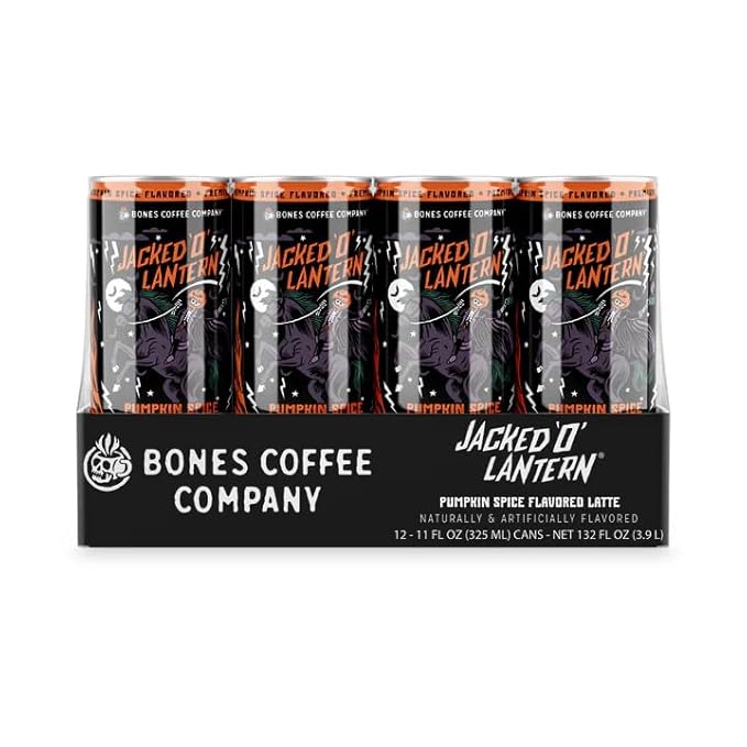 Bones Coffee Company Jacked O' Lantern Latte Pumpkin Spice Flavored Coffee Medium Roast Ready To Drink Iced Coffee in Can 11 Fl Oz Can (12 Pack)