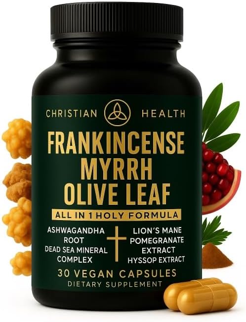 Christian Health Frankincense Myrrh Olive Leaf Capsules – Ashwagandha Lion’s Mane Pomegranate Hyssop &amp Dead Sea Minerals – Vegan Non-GMO GMP Certified Faith-Based Herbal Supplement – 30 Ct