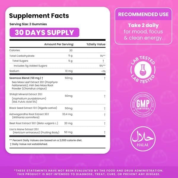 Shilajit Gummies for Energy &amp Focus – Ashwagandha Beet Root Lion’s Mane Sea Moss &amp Black Seed – Vegan Halal-Certified Adaptogen Supplement for Daily Performance &amp Calm – 60 Gummies