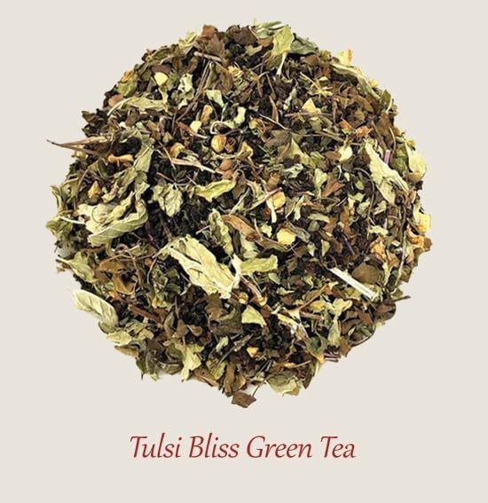 Blossom &amp Brew Tulsi Bliss Green Tea (2.46oz) Loose Leaf Premium Herbal Green Tea Green Loose Leaf with Tulsi/Basil Leaves Natural Ingredients Brew Hot or Iced
