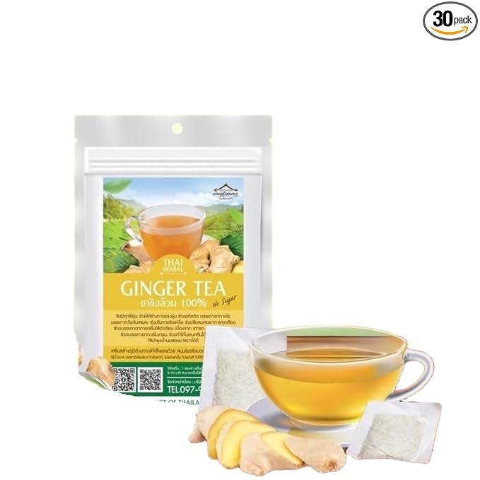 Thai Herbal Tea Bags for Relaxation and Wellness 30 Sachets Hot Tea Blend (Ginger)