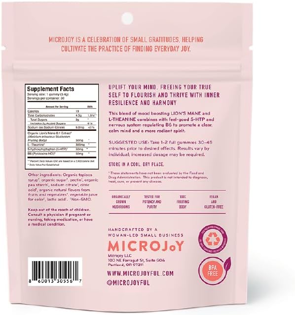 Microjoy Elevate – Mood Support Relaxation &amp Stress Relief Gummies – with L-Theanine Lion’s Mane 5-HTP &amp B6 – Vegan Non-GMO – 30ct – Strawberry