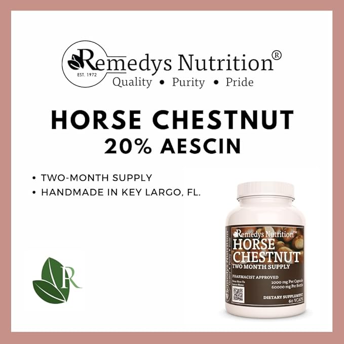 Remedy's nutrition Horse Chestnut Extract Aescin 20% - 1000mg 60 Vegan Capsules Herbal Dietary Supplement - 2 Month Supply