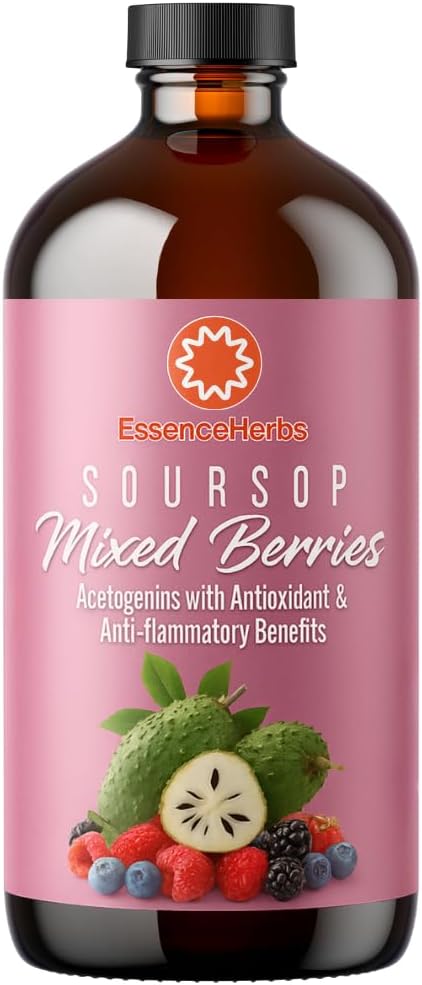 Essence Herbs Soursop Bitters Liquid with Mixed Berries Gut &amp Digestive Support Antioxidant Herbal Supplement with Soursop Leaves Moringa Black Seed &amp Turmeric 16 fl oz