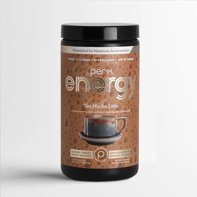 Perk Energy - Energy Original Tan Mocha Latte (20 servings) - with Zero added Sugar - Provides a Boost in Energy and is Packed with Protein Collagen