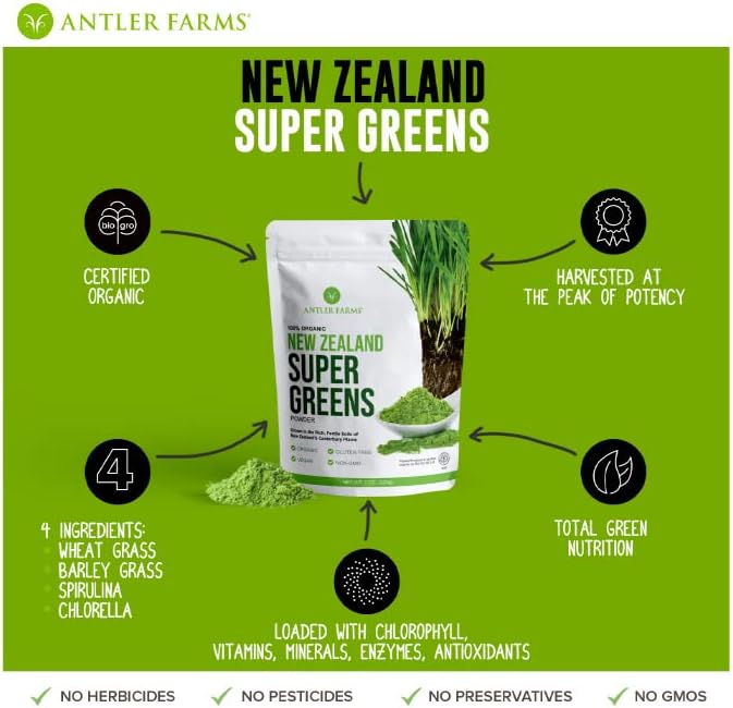 Antler Farms - 100% Pure Organic New Zealand Super Greens Powder 40 Servings 200g - Wheat Grass Barley Grass Chlorella Spirulina - Vegan Gluten Free Chlorophyll Rich for Energy and Detox