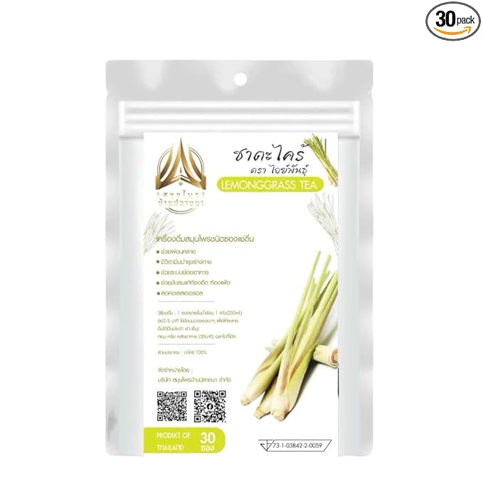 Thai Herbal Tea Bags for Relaxation and Wellness 30 Sachets Hot Tea Blend (Lemongrass)