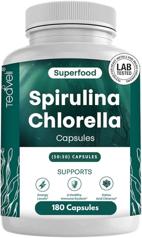 Teaveli Organic Spirulina and Chlorella Capsules – 180 Chlorophyll Pills Blue Green Algae Powder Capsules to Support Detox Mitochondria &amp Energy– 3X More Chlorella Spirulina Powder/Serving