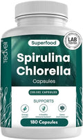 Teaveli Organic Spirulina and Chlorella Capsules – 180 Chlorophyll Pills Blue Green Algae Powder Capsules to Support Detox Mitochondria &amp Energy– 3X More Chlorella Spirulina Powder/Serving
