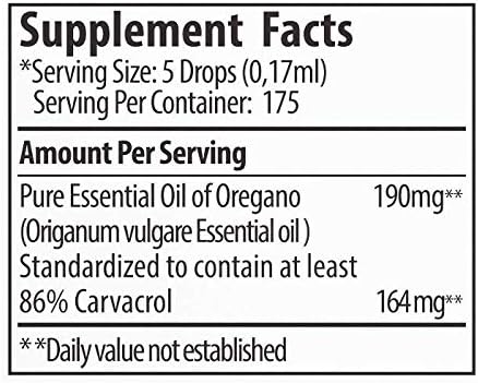 Zane Hellas 190 mg Oregano Oil-164 mg Carvacrol per Serving-4 Drops Daily. 100% Greek Undiluted Oil of Oregano. 86%-90% Min Carvacrol. Probably The Best Oregano Oil in The World. 1 fl. oz.- 30ml