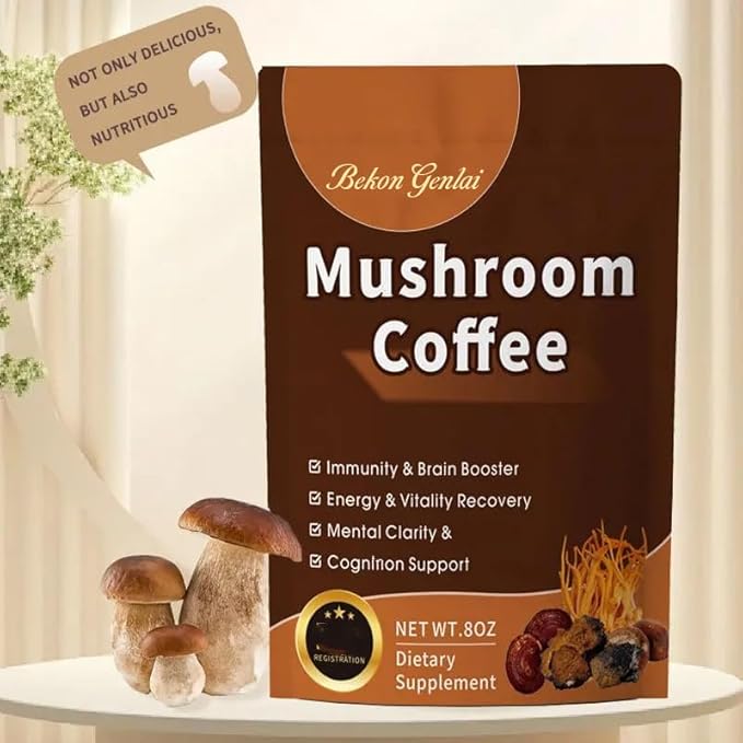 Bekon Genlai Mushroom Coffee – 2000mg Functional Mushroom Blend with Lion’s Mane Reishi Cordyceps Shiitake Turkey Tail &amp King Trumpet – Instant Arabica Coffee – Focus Immunity &amp Energy Su