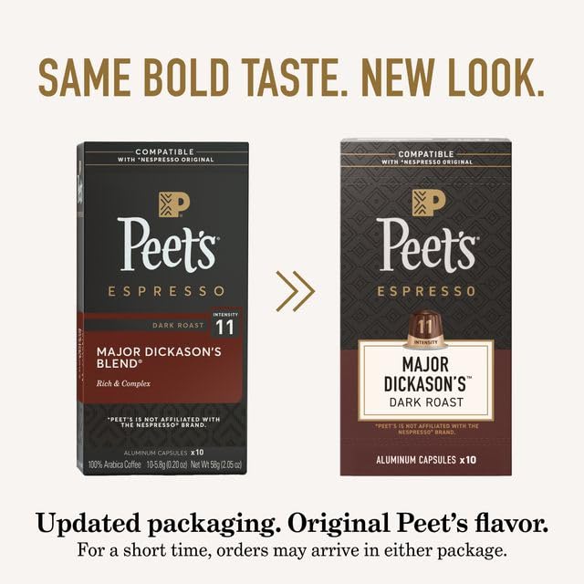 Peet's Coffee Dark Roast Espresso Capsules Compatible with Nespresso Original Machines 100% Arabica Coffee - Major Dickason's Blend Intensity 11 50 Count (5 Boxes of 10 Espresso Capsules)