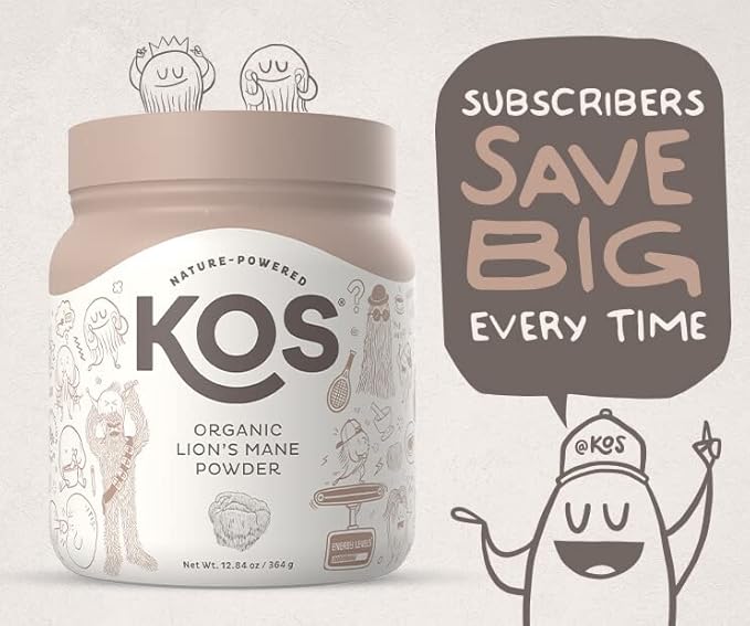 KOS Organic Lion's Mane Powder - Natural Nootropic Superfood - Vegan Functional Mushroom Plant Based USDA Certified Non-GMO Soy &amp Gluten-Free - 104 Servings