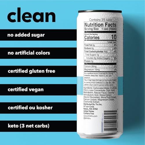 Tru Dream Seltzer Cherry Berry Sparkling Water with Chamomile GABA Magnesium &amp Tart Cherry Juice Sweetened with Monk Fruit &amp Stevia Gluten Free Vegan Caffeine Free 12 FL OZ Cans 12 P