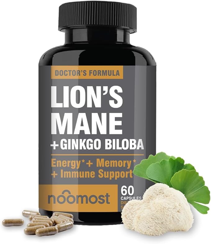 NooMost Lions Mane Mushroom Supplement Capsules 1080mg With Ginkgo Biloba - Energy Focus Clarity &amp Memory Support - Real Superfood for Brain Health for Men &amp Women - Made in USA - 60 Veg Cap
