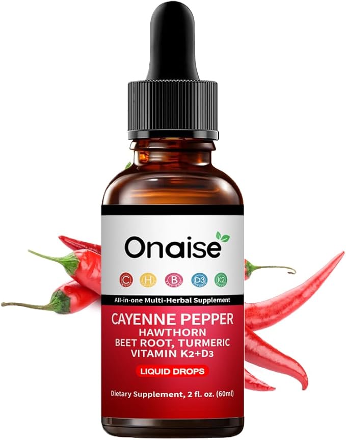Cayenne Pepper Drops Supplement with Hawthorn Berry Vitamin D3 + K2 Beet Root Ceylon Cinnamon Turmeric Curcumin Organic Panax Ginseng for Energy Immune &amp Bone Support–2 fl oz