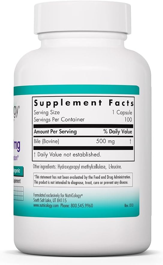 NutriCology Ox Bile 500 mg - Supports Fat Digestion - Delivers 500 mg Concentrated Bile Salts per Serving - Hypoallergenic &amp Vegetarian - 180 Servings - 180 Capsules