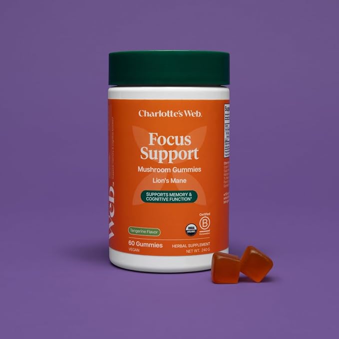 Charlotte's Web Focus Support Mushroom Gummies for Focus and Energy w/Lion’s Mane Natural Cognitive Support Lions Mane Gummies for Adults — Tangerine Flavor (30 Servings)