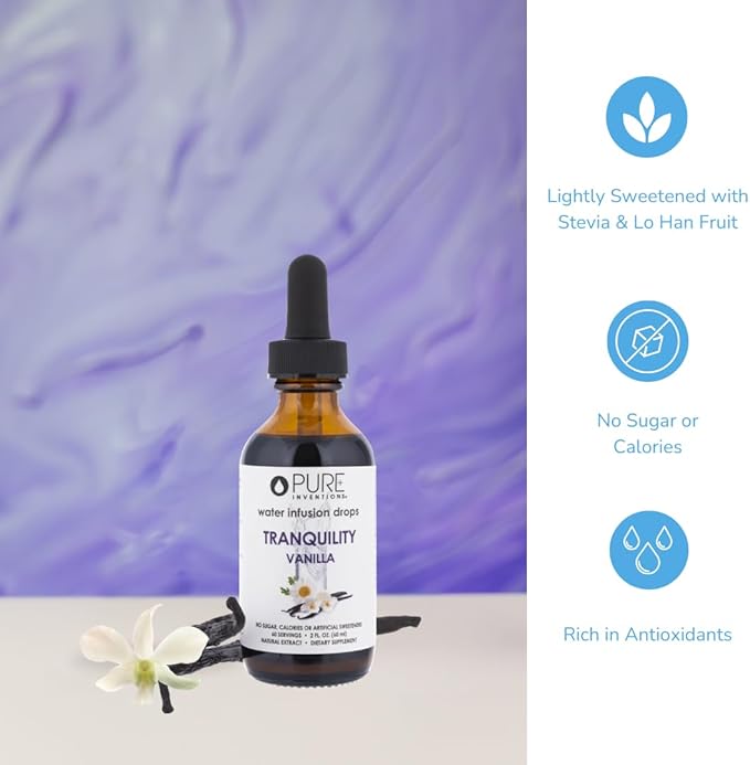 Pure Inventions Tranquility - Supports Relaxation - Vanilla and Chamomile - Water Infusion Drops - No Sugar Calories or Artificial Sweeteners - 60 servings - 2oz