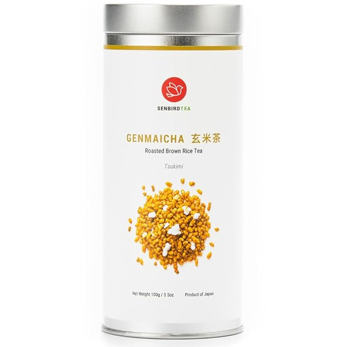 Senbird Premium Genmaicha - Caffeine-Free Japanese Mochi Rice Tea - From Hokkaido Japan - Herbal Tea in Airtight Tin (3.5oz/100g)