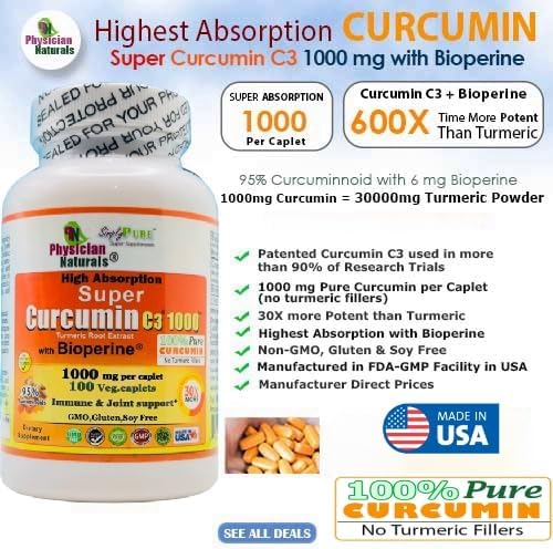 Super Curcumin C3 1000 with Bioperine 1000 mg High Absorption Pure Curcumin 1000 mg per Caplet Supports Joint Health