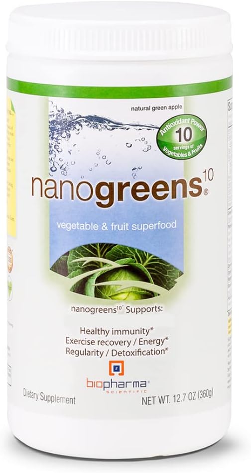 Biopharma Scientific NanoGreens: Greens Superfood Fruit &amp Vegetable Powder for Digestive Health &amp Immunity with Spirulina Chlorella Kale Spinach Plant Based Green Apple Flavor 30 Serving