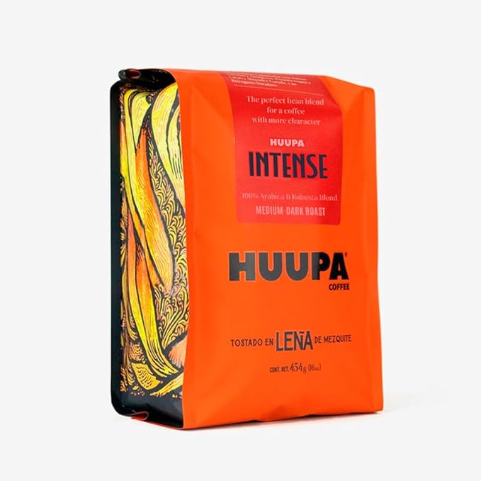 HUUPA Intense Wood-Fired Roasted Coffee 100% Arabica and Robusta Blend High Caffeine Dark Roast Whole Bean Intense 16 oz