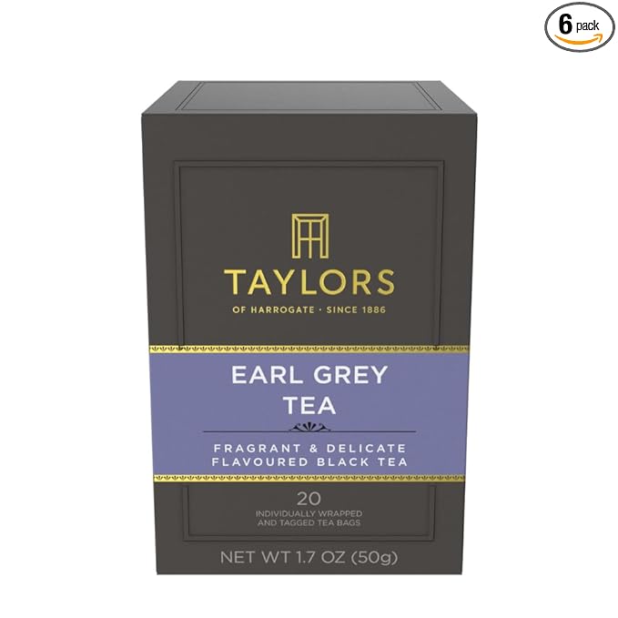 Taylors of Harrogate Earl Grey Black Tea Individually Wrapped Bags 20 Count (Pack of 6) Fragrant Delicate &amp Light Caffeinated Enjoy Hot or Iced 120 Teabags