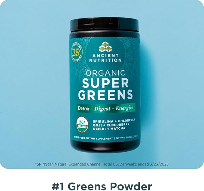 Ancient Nutrition Super Greens Powder Organic Superfood Powder with Probiotics Made with Spirulina Chlorella Matcha and Digestive Enzymes 25 Servings 7.05oz