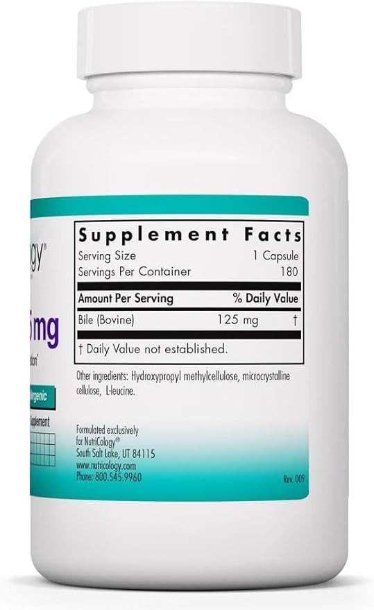 NutriCology Ox Bile 125 mg - Supports Fat Digestion - Delivers 125 mg Concentrated Bile Salts per Serving - Hypoallergenic &amp Vegetarian - 180 Servings - 180 Capsules