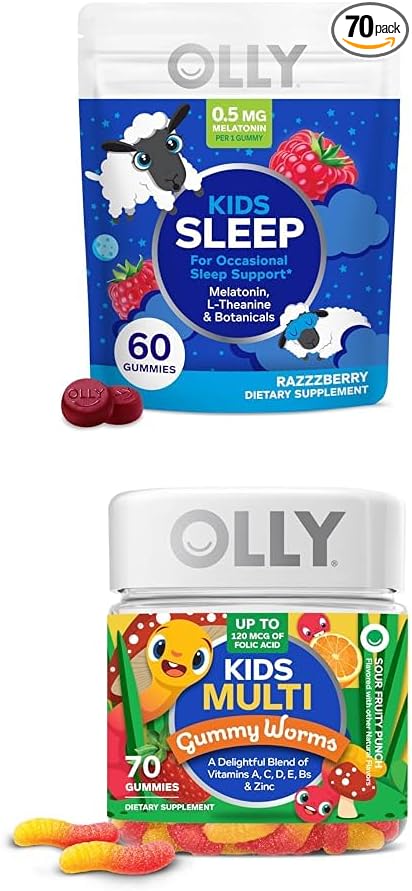OLLY Kids Sleep Gummy Melatonin L Theanine Chamomile 60 Count and Kids Multivitamin Gummy Worms Vitamins A C D E Bs Zinc 70 Count